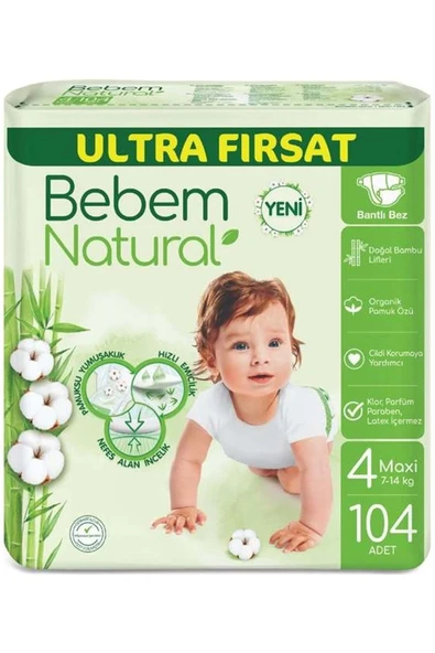 Bebem Bebek Bezi Natural Beden:4 (7-14KG) Maxi 104 Adet Ultra Fırsat Pk ürün görseli 1