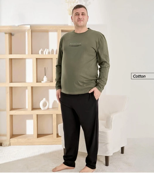 Pijamoni Erkek Battal Bisiklet Yaka Penye Uzun Kol  Pijama Takımı 6700/1 - 1 Adet  Haki 3XL ürün görseli 1