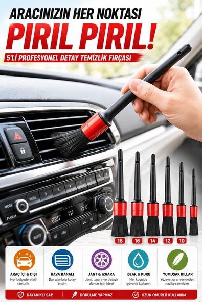 5'li Araba Detay Temizlik Fırçası Set Oto İç Dış Temizlik Hava Kanalı Jant Konsol Temizleme Fırçası ürün görseli 1