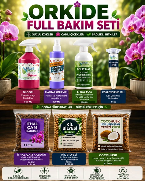 Orkide Full Bakım Seti 7 Parça , Bloom 500 ml, Spray Max, Mantar Önleyici 200 ml, Köklendirme Jeli 1,5 gr , CocoHusk 1 Litre , Kil Bilyesi 1 Litre ve İthal Çam Kabuğu 1 Litre ürün görseli 1