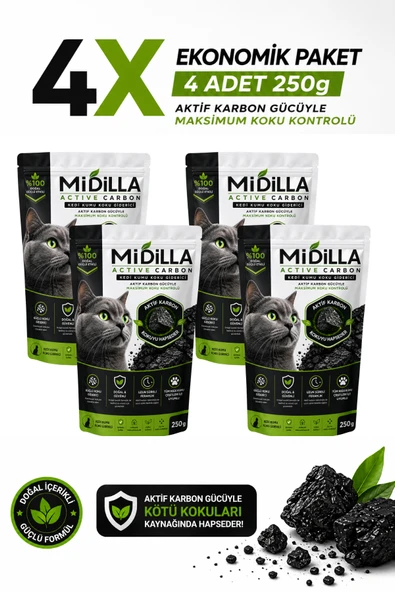 Midilla Active Carbon Kedi Kumu Koku Giderici 4 x 250 g | %100 Gerçek Aktif Karbon | Toplam 1.000 g ürün görseli 1