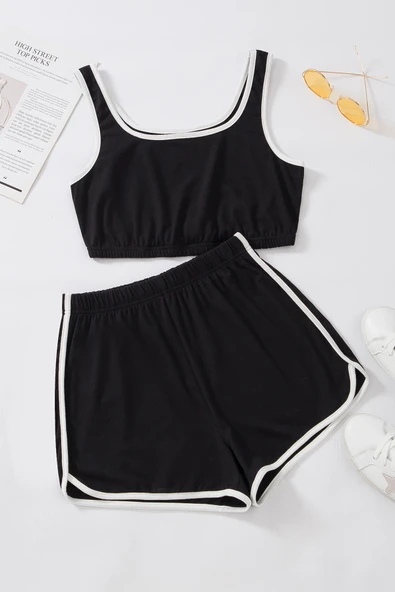 Kadın Siyah Askılı Crop Top ve Şortlu Gecelik Takım ürün görseli 1