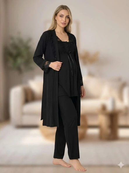 Bone 6205 Kadın 3'lü Jakarlı Sabahlıklı Lohusa Pijama Takımı ürün görseli 1