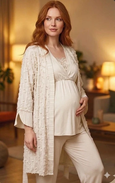 Bone 6209 Kadın 3'lü Dokuma Sabahlıklı Lohusa Pijama Takımı ürün görseli 1
