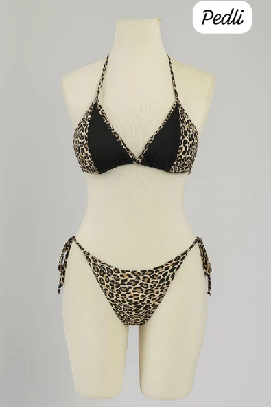 Kadın Siyah ve Leopar Detaylı Yandan Bağlamalı Bikini Takımı ürün görseli 1