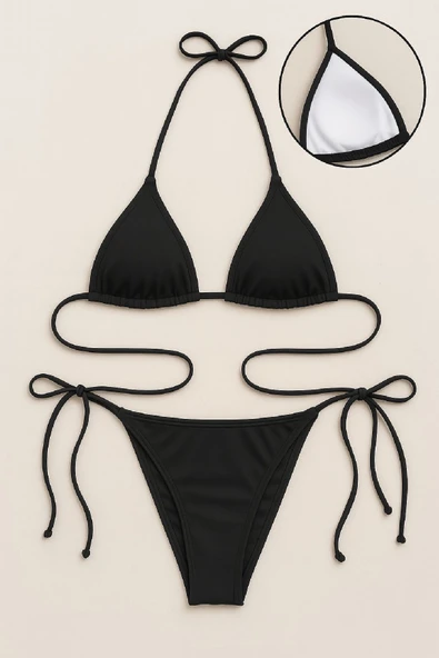 Kadın Siyah Yandan ve Boyundan Bağlamalı Bikini Mayo Takımı ürün görseli 1