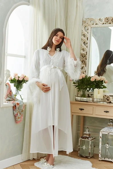 Aqua 26355 Otrişli Şifon Pullu Brodeli Sabahlık ürün görseli 1