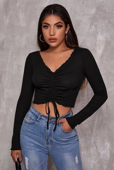 Kadın Siyah Uzun Kollu Büzdürme Bağcık Detaylı Crop Top Bluz ürün görseli 1