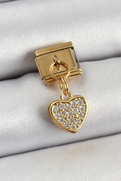 316L Çelik Sallantılı Zirkon Taşlı Kalp Model Gold Renk Nomination Charm ürün görseli 1