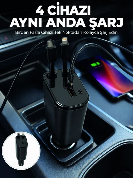 120W Hızlı Şarj Destekli 4'ü 1 Arada Araç Şarj Cihazı Type-C, Lightning, USB ve USB-C Çıkışlı ürün görseli 1