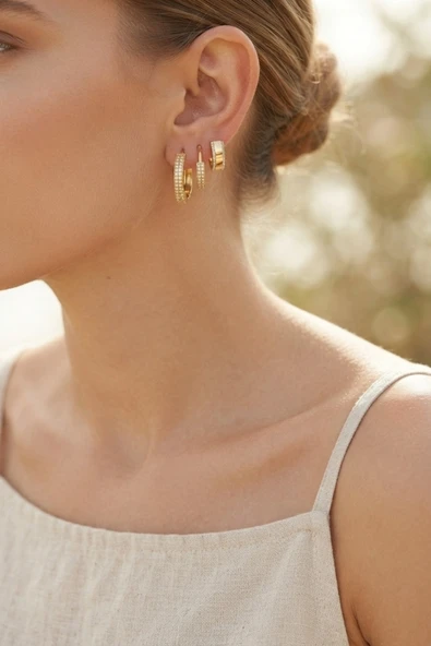 3 lü Set Gold Renk Halka Model Küpe - Resim 2