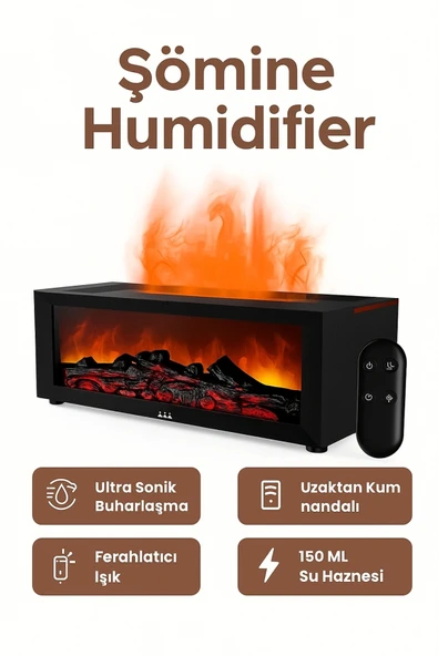 Şömine Tasarımlı Ultrasonik Buhar Makinesi: 150 ML Kapasiteli ve Kumandalı Aroma Difüzörü ürün görseli 1