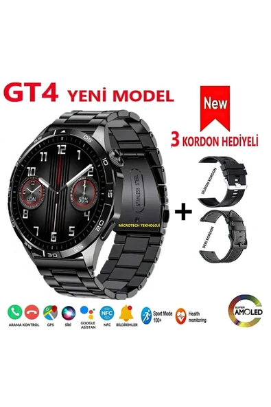 AMOLED Ekranlı Çelik Kasa ve Kordonlu Akıllı Saat, Nabız ve Uyku Takibi Özellikli, Siyah Renk ürün görseli 1