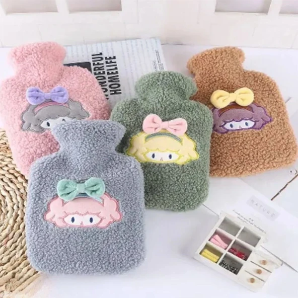 1 Litre Polar Peluş Örgülü,Kurdeleli Saçlı Kız Model Sıcak Su Torbası ürün görseli 1