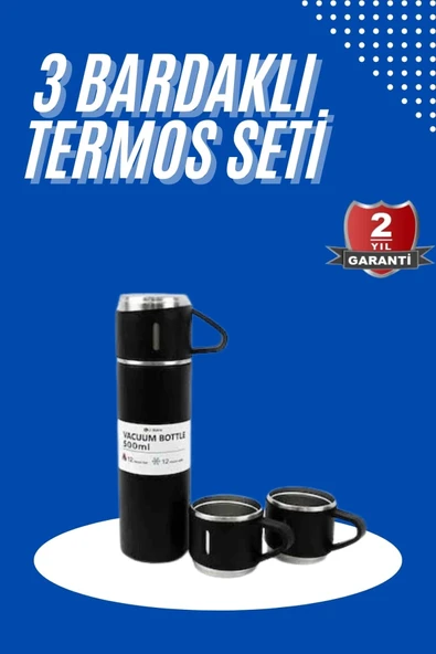 Termos Seti 3'lü Bardak Seti Isı Dayanıklı Siyah Paslanmaz Çelik Vakumlu ürün görseli 1