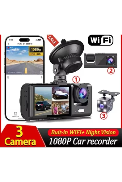Üç Kameralı Wi‑Fi Araç İçi Kamera – GPS Takip & G-Sensor Özellikli Güvenlik Çözümü ürün görseli 1