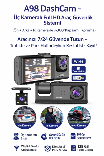 Akıllı Full HD 3 Kameralı Araç İçi Güvenlik Kamerası Ön-Arka-İç Kayıt, Park Modu ürün görseli 1