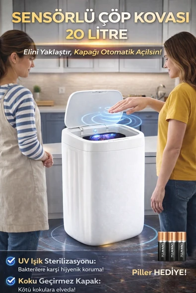 Akıllı Teknolojik Sensörlü Otomatik Açılan Kapak 20 Litre Çöp Kovası UV Işıklı ürün görseli 1