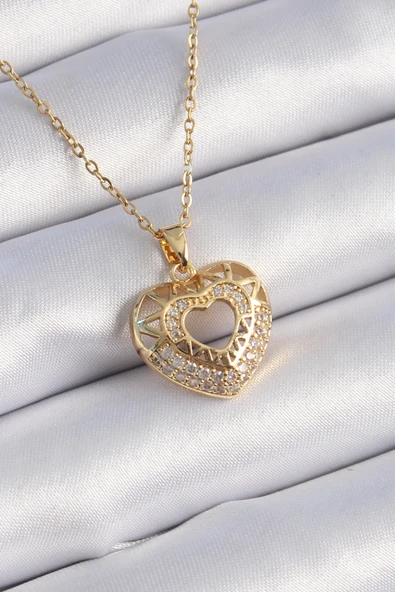 316L Çelik Gold Renk Zirkon Taşlı Kalp Model Vintage Kadın Kolye ürün görseli 1