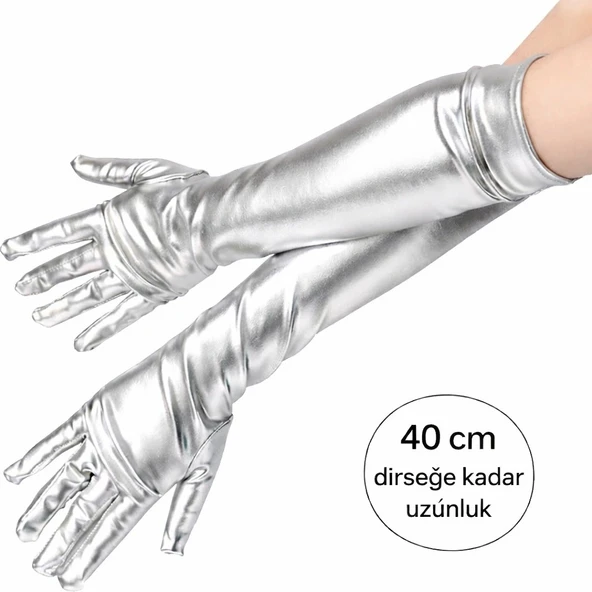 Gümüş Renk Dirsek Altı Lüks Saten Eldiven 40 cm ürün görseli 1