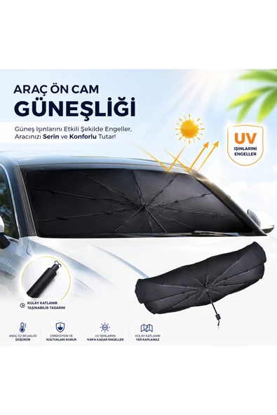 Tüm Araçlara Uyumlu Katlanır Şemsiye Oto Ön Cam Güneşliği Perde Gölgelik UV Blok ürün görseli 1
