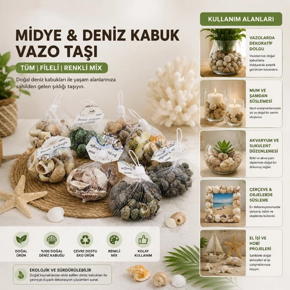 Dekoratif Vazo Taşı - Midye ve Deniz Kabuğu - Fileli Renkli Mix ürün görseli 1