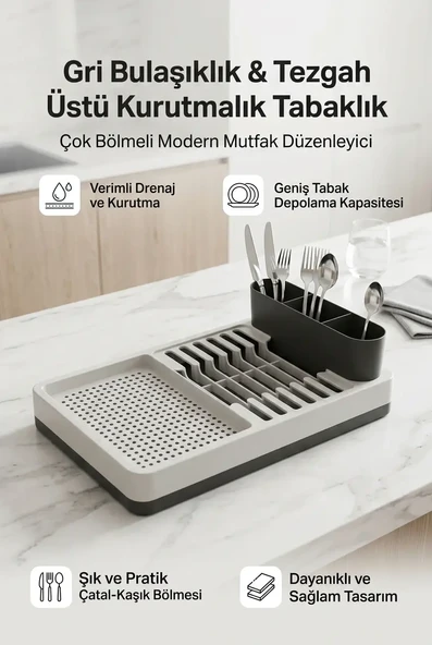 Gri Bulaşıklık Tabaklık Bardaklık Kaşıklık Tezgah Üstü Mutfak Organizeri Standı ürün görseli 1