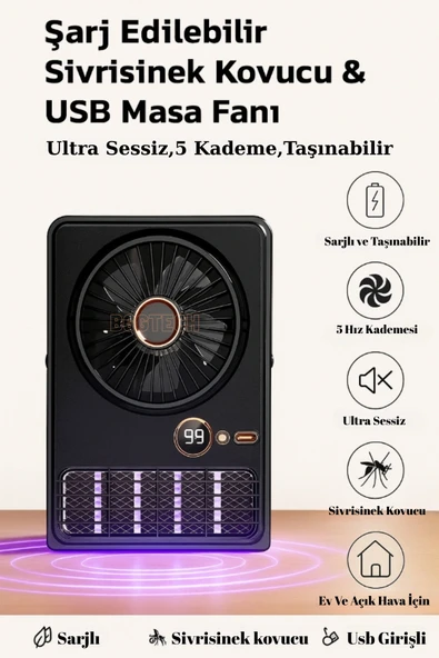 Şarjlı ve Taşınabilir Masaüstü Vantilatör, 5 Kademeli Hız ve Sinek Kovucu Özelliğe Sahiptir ürün görseli 1
