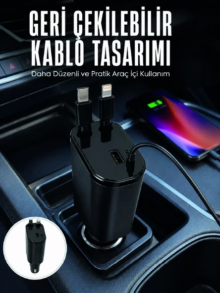 Dijital Voltaj Göstergeli Araç Şarj Cihazı Geri Çekilebilir Kablolu 4 Portlu Hızlı Şarj Adaptörü ürün görseli 1