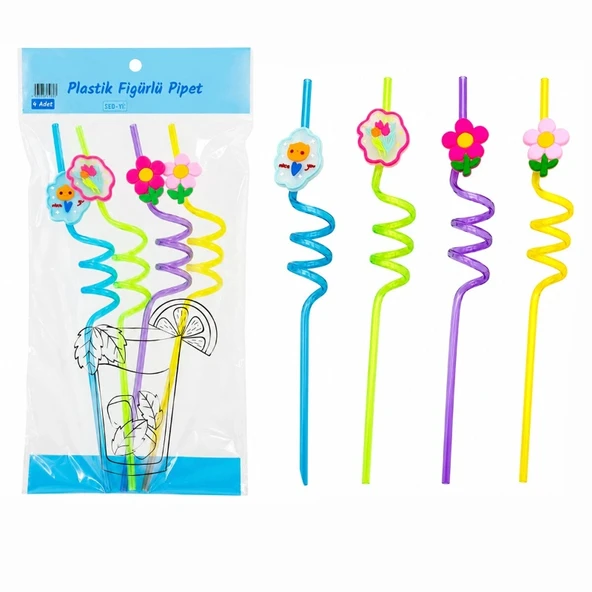 Kıvrımlı Renkli Plastik Pipet - Figürlü Tasarım - 4'lü Paket ürün görseli 1