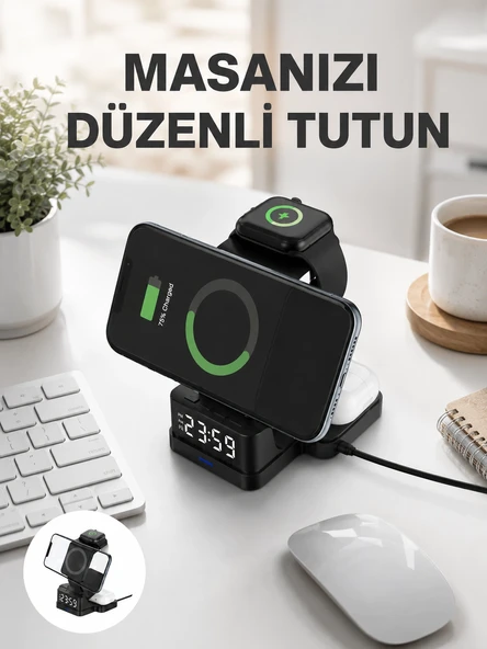 Dijital Saatli Kablosuz Şarj İstasyonu – 3’ü 1 Arada Apple Uyumlu Hızlı Şarj ve LED Ekran Yeni Nesil ürün görseli 1