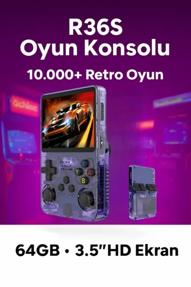 Mor Renkli Mini Retro Oyun Konsolu, 64GB Hafıza ve IPS Ekran ile 10.000 Oyun Sunar ürün görseli 1