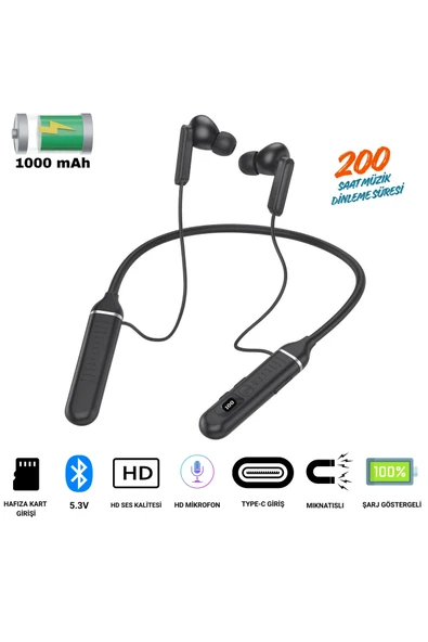 Boyun Bantlı Spor Bluetooth Kulaklık, Şarj Göstergeli ve Hafıza Kart Girişli Kablosuz Müzik Dinleme ürün görseli 1