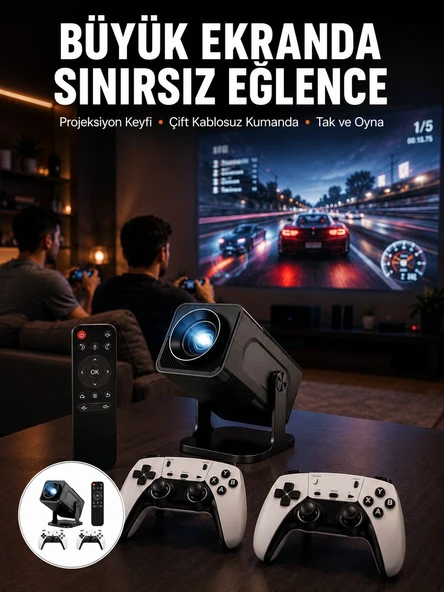 Çift Kollu Game Box Projeksiyon Cihazı Kumandalı Android Tv Dahili Hoparlör Yeni Nesil ürün görseli 1