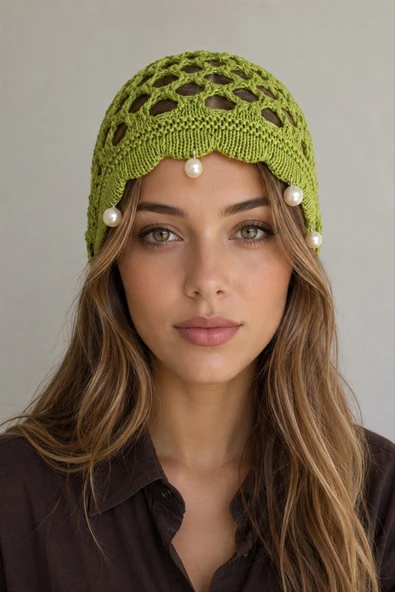 Kadın  Yazlık Örgülü İncili Fileli Bohem Bone Başlık ürün görseli 1