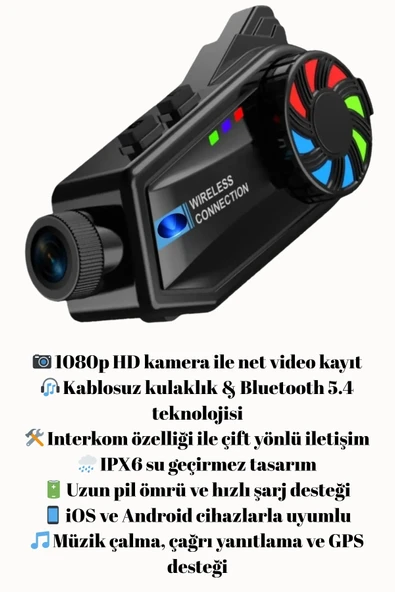 1080P Video Kayıt Özellikli, Su Geçirmez ve Bluetooth 5.4 Motorcu Interkom Kulaklığı ürün görseli 1