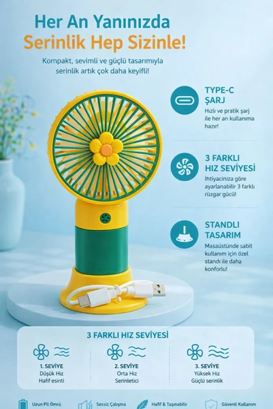 Çok Renkli Kablosuz Şarjlı Portatif El Vantilatörü, Papatya Figürlü Ultra Sessiz Taşınabilir Fan ürün görseli 1