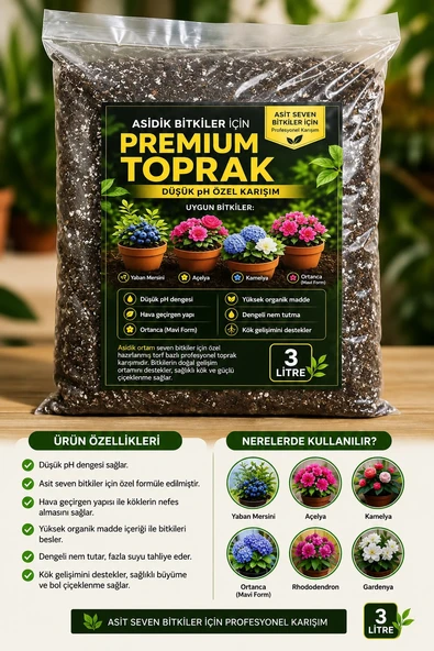 Asidik Bitkiler İçin Premium Toprak 3 Litre , Düşük pH Torf Karışımı , Ortanca, Açelya, Kamelya, Gardenya, Yaban Mersini ürün görseli 1
