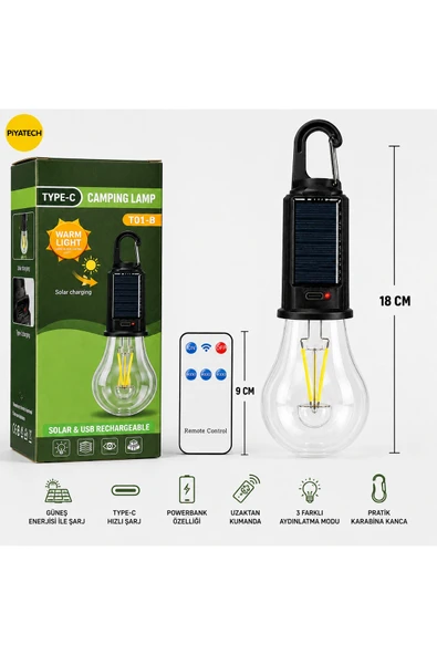 Güneş Enerjili Type-C Şarjlı Kamp Çadır Lambası Uzaktan Kumandalı Powerbank Özellikli 18 Cm Gün Işığı ürün görseli 1