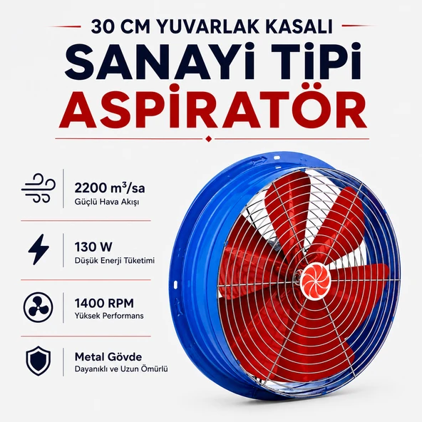 30 cm Sanayi Tipi Aspiratör Fan 2200 m³/sa 220 V Monofaze Yuvarlak Metal Kasalı 130 W IP44 ürün görseli 1