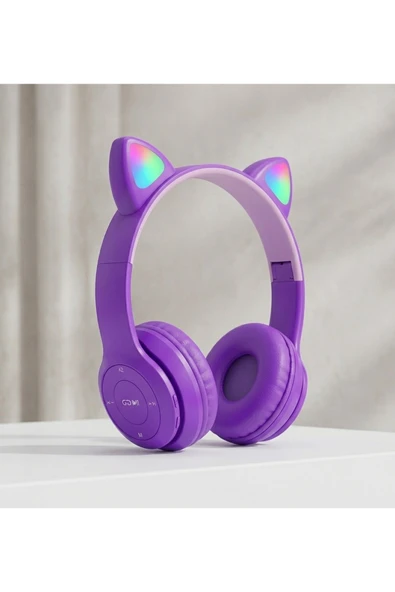 RGB Led Işıklı Kedi Kulaklı Kablosuz Bluetooth Kulaklık Mikrofona Sahip Katlanabilir Kulak Üstü Çocuk ve Yetişkin Kulaklığı Mobil Yaşam Seti Uyumlu ürün görseli 1
