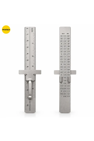 Paslanmaz Çelik Sürgülü Klipsli Cep Cetveli 15 Cm Çift Taraflı Hassas Metal Cetvel ürün görseli 1