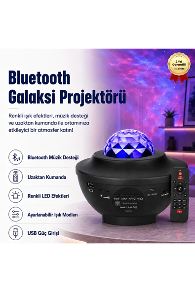 Projektör Özellikli Bluetooth Hoparlör ve RGB LED Işıklı Gece Lambası, Siyah Renk ürün görseli 1