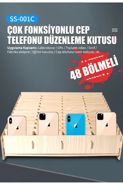 48 Bölmeli Ahşap Cep Telefonu Saklama Kutusu Masaüstü Düzenleyici Organizer - SS-001C ürün görseli 1