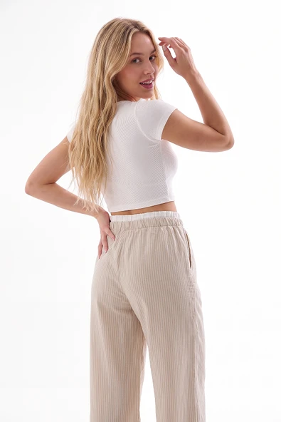 Bej Crop Pijama Takım - Resim 2