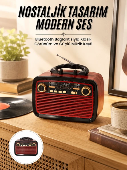 Nostalji Radyo Bluetooth Hoparlör USB-SD Kart Giriş Led Fener Işıklı Bataryalı Pilli Yeni Nesil ürün görseli 1