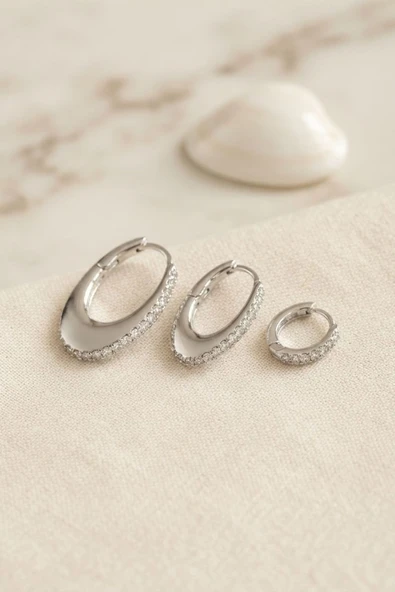 Gümüş Renk Oval Halka Model Zirkon Taşlı 3 lü Küpe Set TJ-BKP11975 ürün görseli 1