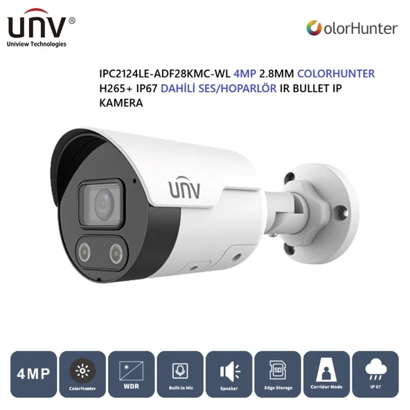 Uniview IPC2124LE-ADF28KMC-WL 4mp 2.8mm Sabit Lesn COLORHUNTER H265+ Dahil Ses Ve Hoparlör IR Bullet IP Kamera ürün görseli 1