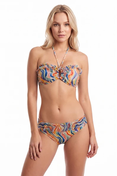 Renkli Boyundan Bağlamalı Fırfırlı Straplez Tek Üst Bikini ürün görseli 1