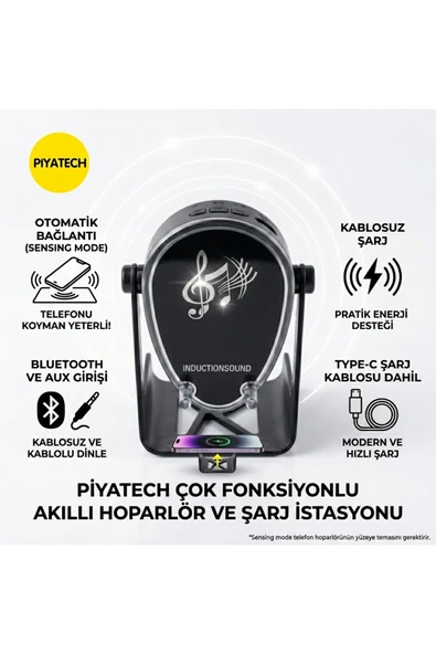 Akıllı Sensörlü Bluetooth Hoparlör Ses Bombası + Kablosuz Şarj Destekli Telefon Standı (Type-C Kablolu) ürün görseli 1